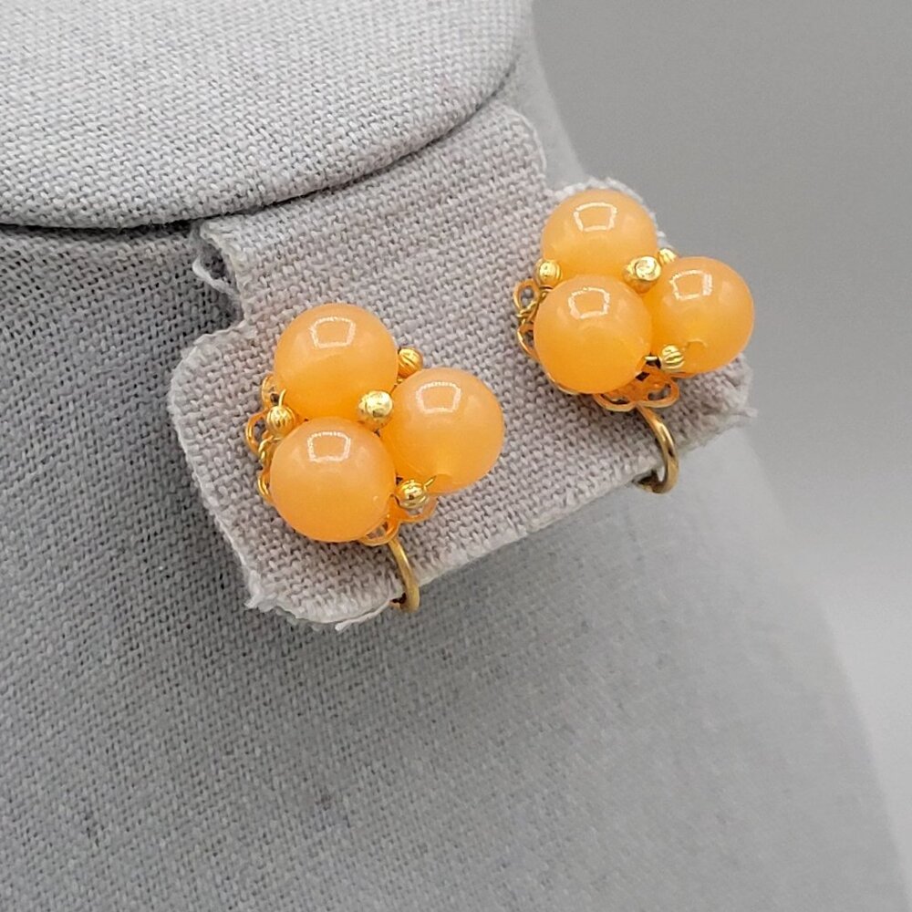 Hobe Vintage Triple Beaded Earrings Clip On Orange Gold Tone Signed - Picture 2 of 8